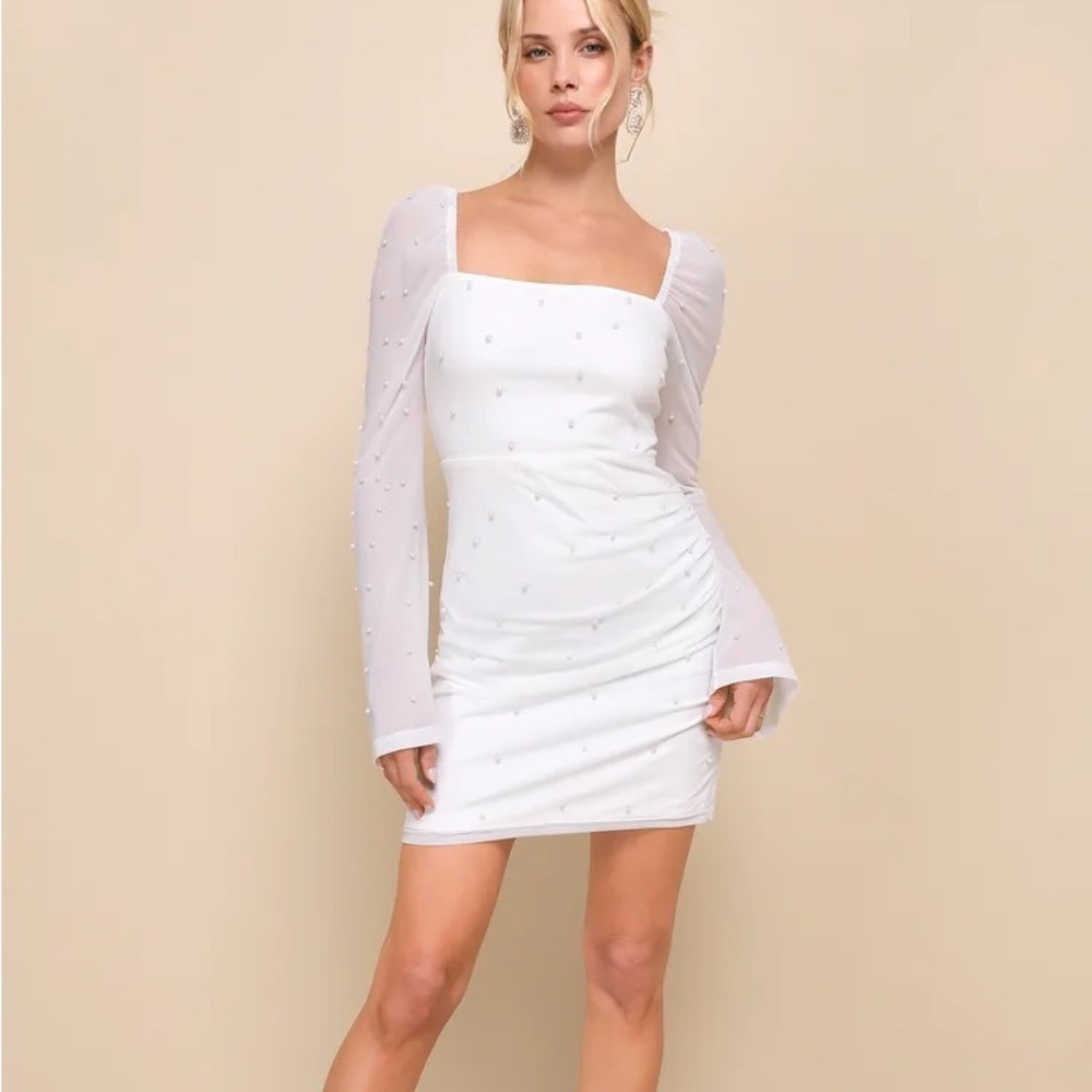 Lulu’s Flirty Luxury Ivory Mesh Pearl Long Sleeve Mini Dress